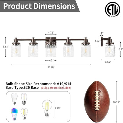 5 Light Bathroom Vanity Light Fixtures Farmhouse Oil Rubbed Bronze | ETL Certificate, Easy to Install,Wall Mount Up or Down,Hammered Glass Lampshade,E26 Socket,Hardwired,120V