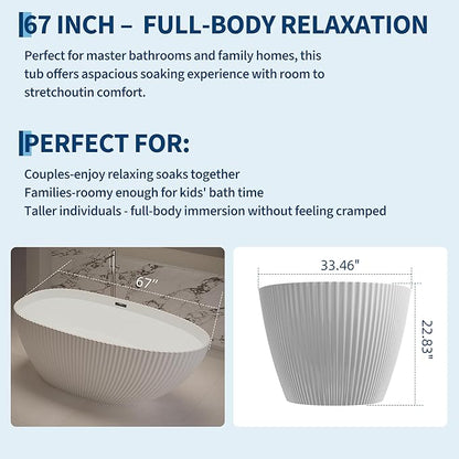 Freestanding Bathtub 67 Inch Acrylic Free Standing Tub Elegant Eggshell Silhouette with Lines,Freestanding Bathtubs with Chrome Overflow & Pop-Up Drain,Modern Stand Alone Tub for Bathroom Renovation