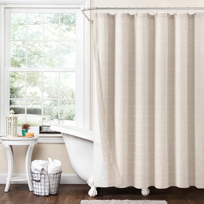 Lush Decor Farmhouse Textured Sheer Shower Curtain with Peva Liner 2 Piece Set 72" W x 72" L Beige - Tan Shower Curtain Set - Striped Bathroom Curtains