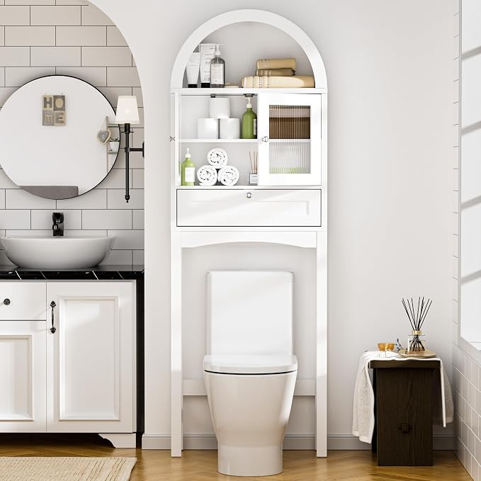 Spurgehom Over The Toilet Storage Cabinet with Glass Door (White) | Freestanding Bathroom Shelf Equipped with Anti-Tipping Device, Space-Saving Vertical Toiletries Storage Cabinet