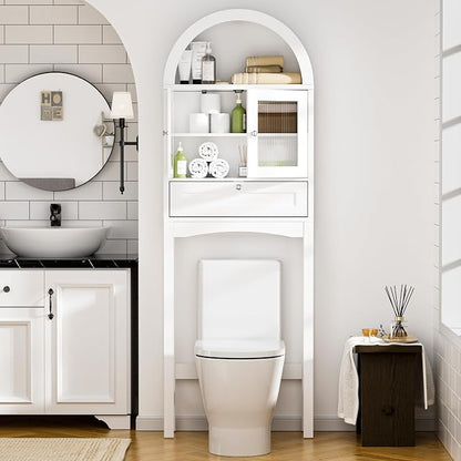 Spurgehom Over The Toilet Storage Cabinet with Glass Door (White) | Freestanding Bathroom Shelf Equipped with Anti-Tipping Device, Space-Saving Vertical Toiletries Storage Cabinet