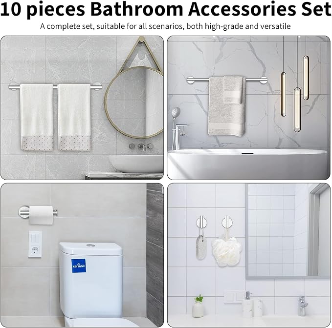 Newfun 10-Pieces Brushed Nickel Bathroom Hardware Set 24 Inch | Includes 24 Inch Towel Racks for Bathroom Wall Mounted, Toilet Paper Holder, Towel Hooks, Towel Rings for Bathroom Wall
