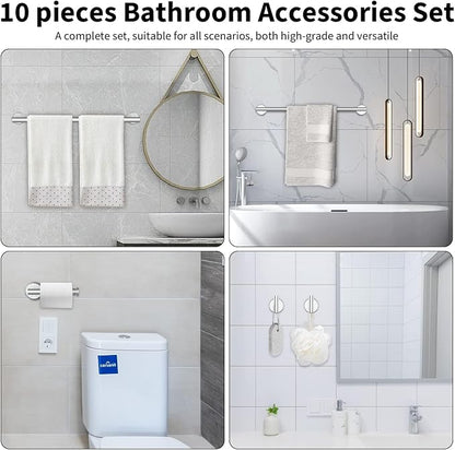 Newfun 10-Pieces Brushed Nickel Bathroom Hardware Set 24 Inch | Includes 24 Inch Towel Racks for Bathroom Wall Mounted, Toilet Paper Holder, Towel Hooks, Towel Rings for Bathroom Wall