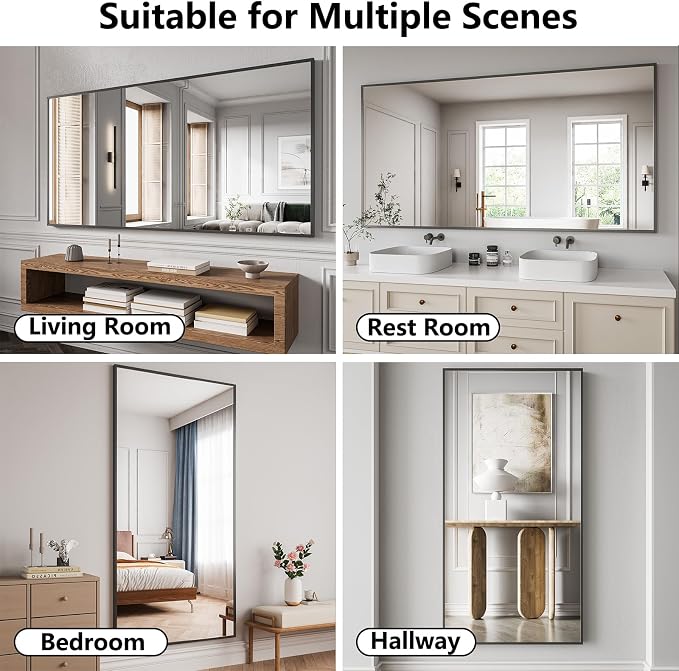 Koonmi Bathroom Mirror 36x71 Matte Black Bathroom Wall-Mounted Mirrors, Modern Rectangle Vanity Mirror, HD Tempered Glass, Aluminum Alloy Frame Allow to Hang Horizontally or Vertically