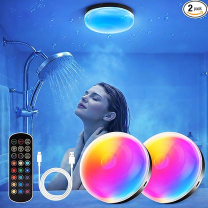 Rechargeable Shower Light for Inside Shower, 15 Color Changing Waterproof Lights for Shower Bathroom with Remote Timer Dimmable, Wireless Mood Lighting for Bathroom Closet Bedroom,Livingroom,2 Pack