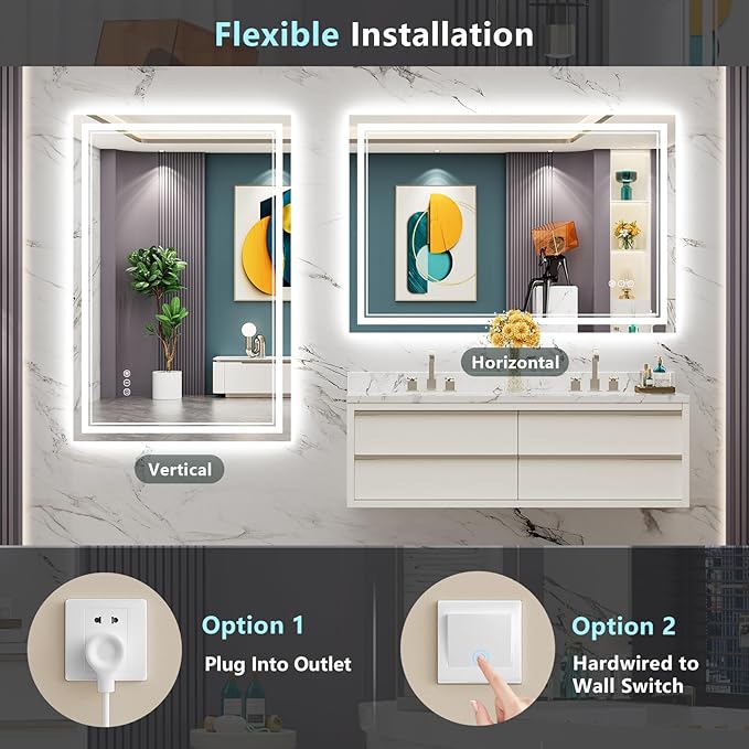 48x40 LED Bathroom Mirror with Lights, Backlit and Front Lit Anti-Fog Lighted Vanity Mirrors for Bathroom Wall, Dimmable, 3-Color Light, Memory, Shatter-Proof, HD Tempered Glass, CRI＞90