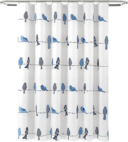 Lush Decor Rowley Birds Shower Curtain, 72” W x 72” L, Navy - Colorful Floral Bird Pattern - Whimsical & Playful Bird Shower Curtain - Farmhouse, Coastal, & Boho Bathroom Decor