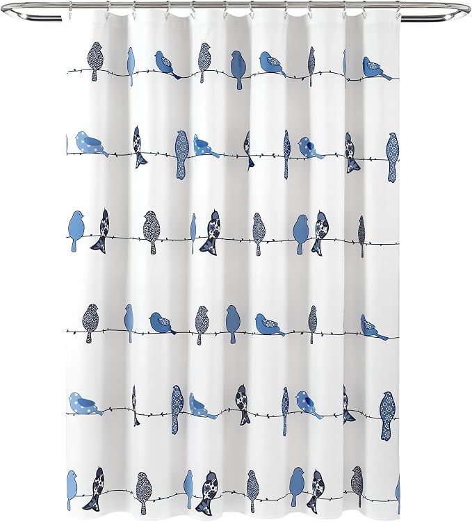Lush Decor Rowley Birds Shower Curtain, 72” W x 72” L, Navy - Colorful Floral Bird Pattern - Whimsical & Playful Bird Shower Curtain - Farmhouse, Coastal, & Boho Bathroom Decor (Pack of 6)