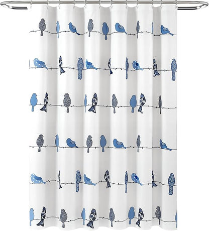 Lush Decor Rowley Birds Shower Curtain, 72” W x 72” L, Navy - Colorful Floral Bird Pattern - Whimsical & Playful Bird Shower Curtain - Farmhouse, Coastal, & Boho Bathroom Decor (Pack of 6)