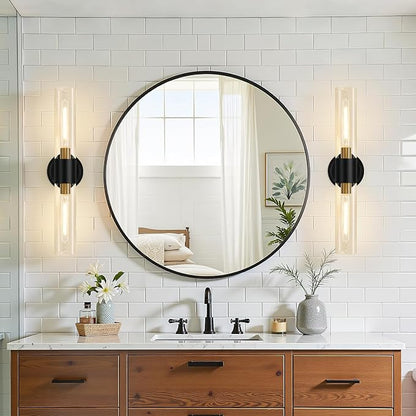 Wall Sconces Set of Two, Modern Bathroom Sconces Wall Lighting with & Clear Glass Glass, Black and Gold Sconces Wall Decor Set of 2 for Bathroom Mirror Bedroom Living Room Hallway