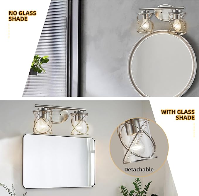 2-Lights Bathroom Vanity Lights, Bathroom Light Fixtures Over Mirror, Brushed Nickel Vanity Light, Farmhouse Wall Lights with Clear Glass Shade, Bathroom Wall Lamp for Mirror Kitchen Bedroom