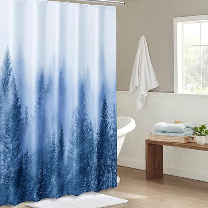 ORTIGIA 84 Inch Long Blue Misty Forest Shower Curtain for Bathroom, Nature Woodland Shower Curtain Set with Hooks, Decorative Pine Tree Fog Magic Bath Curtain, Waterproof Fabric, Weighted, 72x84