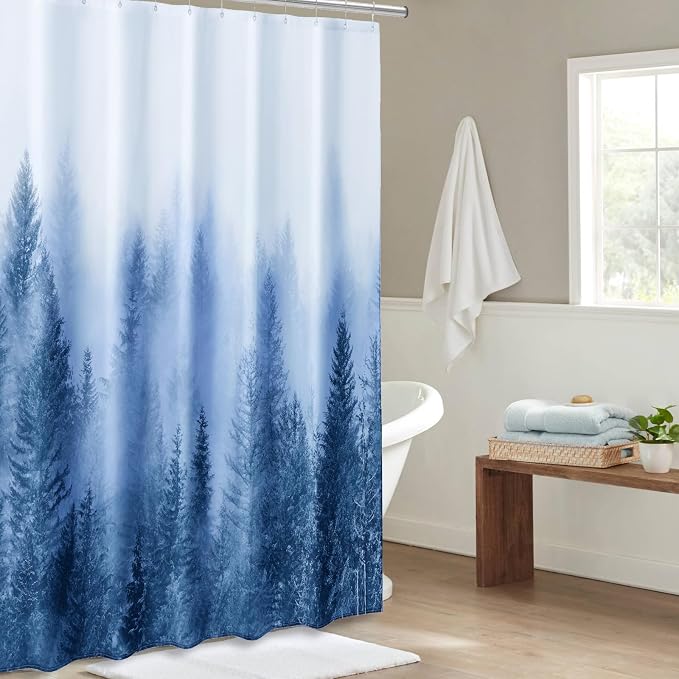 ORTIGIA 78 Inch Blue Misty Forest Shower Curtain for Bathroom, Nature Woodland Shower Curtain Set with Hooks, Decorative Pine Tree Fog Magic Bath Curtain, Waterproof Fabric, Weighted, 72x78