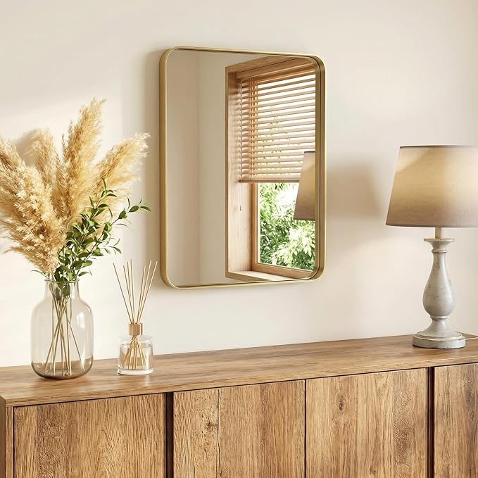 Sweetcrispy Bathroom Mirror 30x24 Inch, Vanity Mirror for Wall | Metal Framed Rounded Rectangle, Over Sink, Farmhouse, Restroom, Anti-Rust, Horizontal or Vertical Hanging, Gold