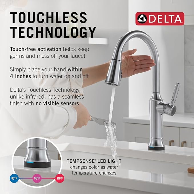 Delta Renaldi Kitchen Faucet with Pull Down Sprayer, Brushed Nickel Kitchen Sink Faucet, Delta ProClean, Lumicoat Arctic Stainless 9184TL-AR-PR-DST