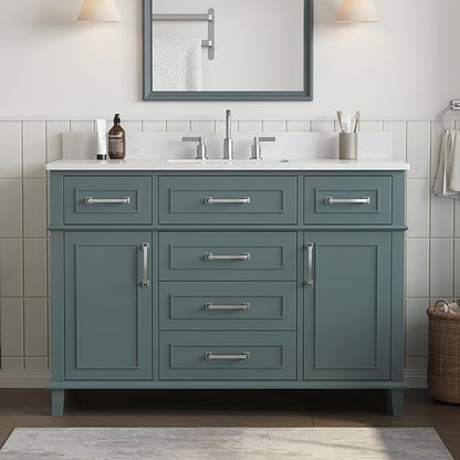 48 Inch Bathroom Vanity with Sink, Modern Bathroom Vanity with Engineered Stone Countertop, Solid Wood Frame Bathroom Storage Cabinet with Soft Closing Door & Dovetail Drawer, Green