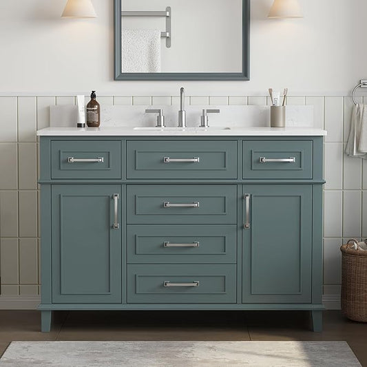 48 Inch Bathroom Vanity with Sink, Modern Bathroom Vanity with Engineered Stone Countertop, Solid Wood Frame Bathroom Storage Cabinet with Soft Closing Door & Dovetail Drawer, Green