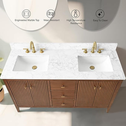 Vanity Art 60 inch Walnut Bathroom Vanity with Double Sink & Ceramic Top, Vanity Cabinet with Soft-Closing Door, Solid Wood Frame, Linear Pattern, Walnut, VA9160-DWalnut-MB,Matte Black Handles