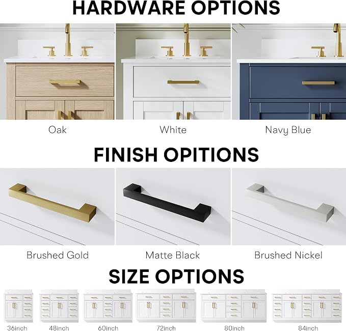 36-Inch Bathroom Vanity with Sink W/ 2 Doors & 4 Drawers & 1 Flip Drawer, White Vanity W/Brushed Gold Handles