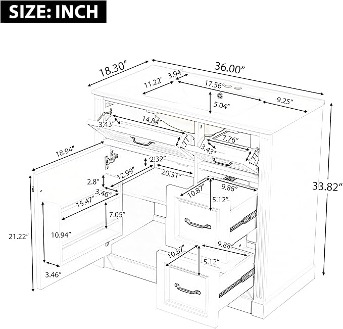 36" Bathroom Vanity with Ceramic Sink,Modern Freestanding Storage Cabinet w/Soft-Close Door and 2 Tip-Out & 2 Drawers,Undermount Single Basin Bath Vanity Set w/Adjustable Shelf,Black