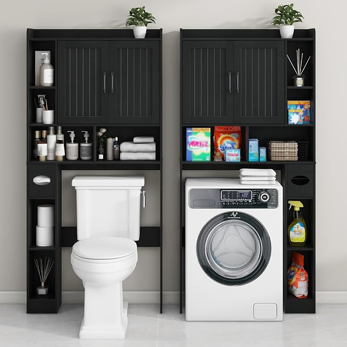 Vabches Farmhouse Over The Toilet Storage Cabinet with Barn Door, Black | Storage Cabinet Over Toilet, Home Space-Saving Toilet Rack, for Bathroom, Restroom, Laundry