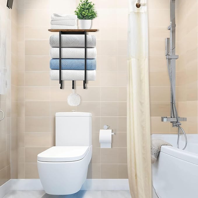 ELITEROO Towel Racks for Bathroom Wall Mounted, Hanging Towel Holder | Wood Towel Rack Shelf with 3 Hook for Washcloths Hand Towel, Bath Towel Storage Organizer for Bathroom, RV, Rustic Brown
