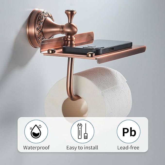 Red Copper Bath Toilet Paper Holder with Phone Shelf, Wall Mounted Bathroom Hardware Accessories, Pattern Carving Design, PBR-4386W