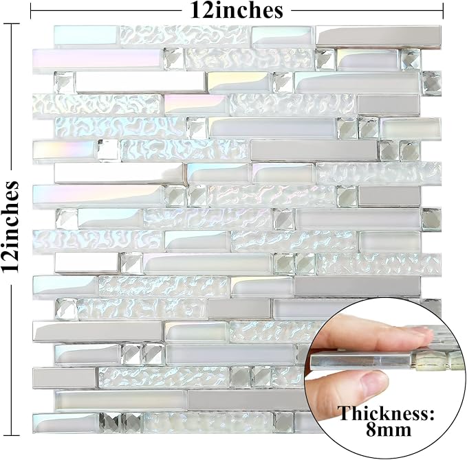 Glass Metal Tile Iridescent White Glass Silver Mirror Stainless Steel Blends Interlocking Strip Wall Tiles TSTNB01 (Pack of 5 Sheets)