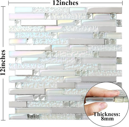 Glass Metal Tile Iridescent White Glass Silver Mirror Stainless Steel Blends Interlocking Strip Wall Tiles TSTNB01 (Pack of 5 Sheets)