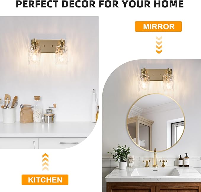 2 Light Bathroom Vanity Light Modern Brushed Gold Bathroom Light Fixtures Over Mirror with Hammered Glass Lampshade for Kitchen Hallway