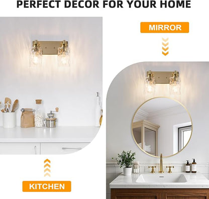 2 Light Bathroom Vanity Light Modern Brushed Gold Bathroom Light Fixtures Over Mirror with Hammered Glass Lampshade for Kitchen Hallway