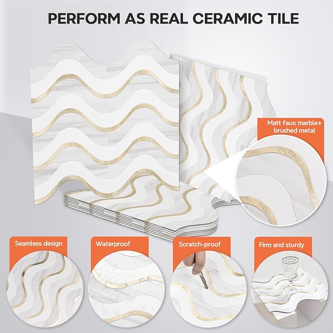 Vamos Tile Peel and Stick Backsplash Seamless Tile,Dolomite+White+Gold,10 | Stick on Backsplash for Kitchen and Bathroom, PVC Mix Metal Gold Self Adhesive Wall Tiles,11.8''x10.15''