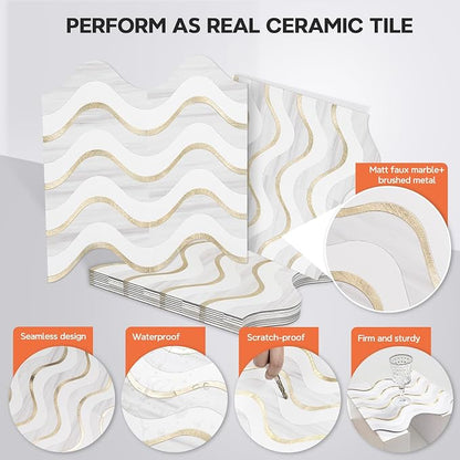 Vamos Tile Peel and Stick Backsplash Seamless Tile,Dolomite+White+Gold,10 | Stick on Backsplash for Kitchen and Bathroom, PVC Mix Metal Gold Self Adhesive Wall Tiles,11.8''x10.15''