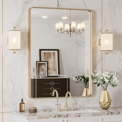 LOAAO 20"X30" Gold Bathroom Mirror | Rounded Rectangle, Brushed Gold Frame, Wall-Mounted, Anti-Rust, Hangs Horizontally or Vertically
