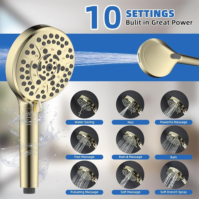 10" Metal Rainfall Shower Head with 10-Mode Handheld, Shiny Gold | NSF/ANSI/CAN 372 Certified, High Pressure Showerhead Combo with 11" Adjustable Shower Arm, 71" Hose, Shower Head Holder