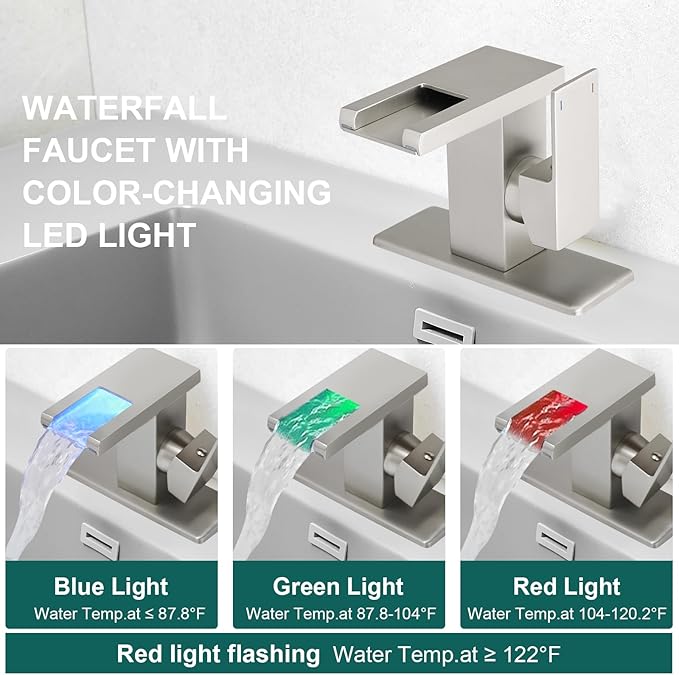 Hoimpro LED Waterfall Bathroom Faucet Brushed Nickel, Single Handle Bathroom Sink Faucet 1 Hole, 3 Colors Light Changing, with Pop-up Drain and cUPC Supply Lines, Stainless Steel