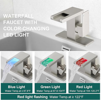Hoimpro LED Waterfall Bathroom Faucet Brushed Nickel, Single Handle Bathroom Sink Faucet 1 Hole, 3 Colors Light Changing, with Pop-up Drain and cUPC Supply Lines, Stainless Steel