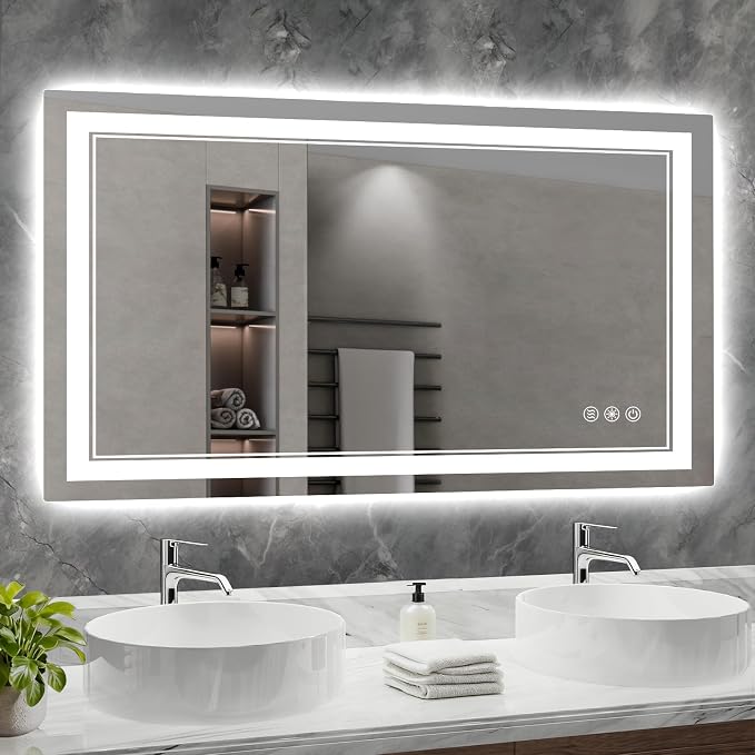 55x30 Inch LED Bathroom Mirror with Lights, 3 Colors Dimmable LED Vanity Mirror, Front and Back Lit, Anti-Fog, Memory Function, Shatterproof Tempered Glass, ETL Listed, Wall Mounted Makeup Mirror