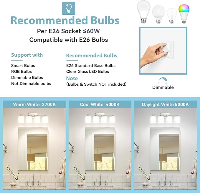 Honesorn 4-Light Bathroom Light Fixtures Over Mirror, Brushed Nickel | Bathroom Light with Milky White Frosted Shades, Anti-Rust Finish, E26 Socket(Bulbs Not Included)