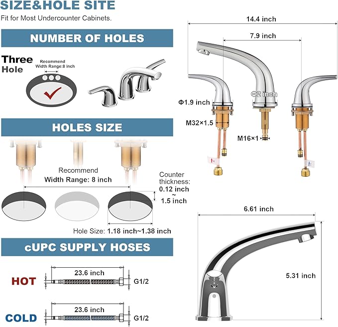 Solid Brass Widespread Bathroom Faucet,8-inch Faucets with Pop Up Drain Assembly and 2 Water Supply Lines Faucets Polished Chrome