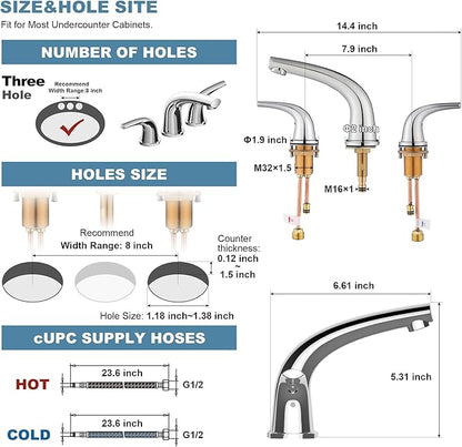 Solid Brass Widespread Bathroom Faucet,8-inch Faucets with Pop Up Drain Assembly and 2 Water Supply Lines Faucets Polished Chrome