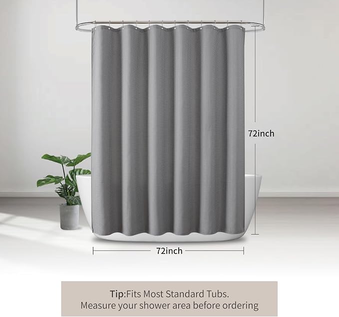 256GSM Heavy Duty Waffle Weave Shower Curtain, Gray 72"x72" | Weighted Hem & Rustproof Metal Grommets - Hotel Spa Luxury Water-Repellent Polyester Bath Curtain for Home,RV,Apartment