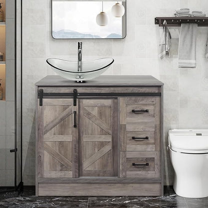 36 Inch Barn Door Bathroom Vanity, Farmhouse Style Standing Pedestal Cabinet with Clear Boat Glass Vessel Sink