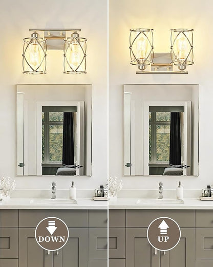 2-Light Brushed Nickel Bathroom Light Fixtures, 13.8 Inch Modern Bathroom Vanity Lighting Fixtures Over Mirror with Clear Glass and Metal Cage Wall Sconce Lights for Bath, E26, CH9176BN-2W
