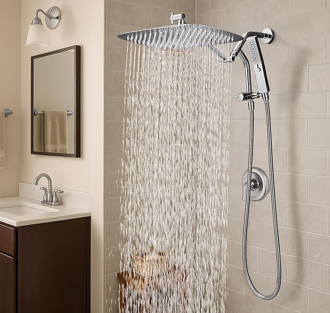 G-Promise 16 Inch All Metal Rain Shower Head with Handheld Spray (Chrome) | Suits Every Height, Pause Mode Diverter, Massage Mode Handheld, Full Body Coverage, Easy to Install, Modern Bath Upgrade