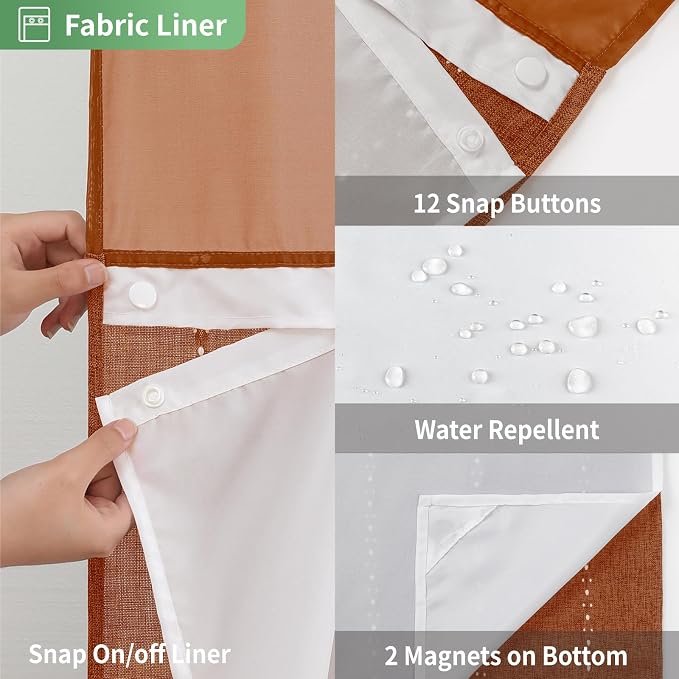 eachope Extra Long No Hook Shower Curtain with Snap-in Liner,71x86,Orange | 330GSM Thick Linen Textured Striped Fabric with Tassels,Snap-in Liner,Boho Modern Farmhouse Bathroom Curtain,Water-Repellent