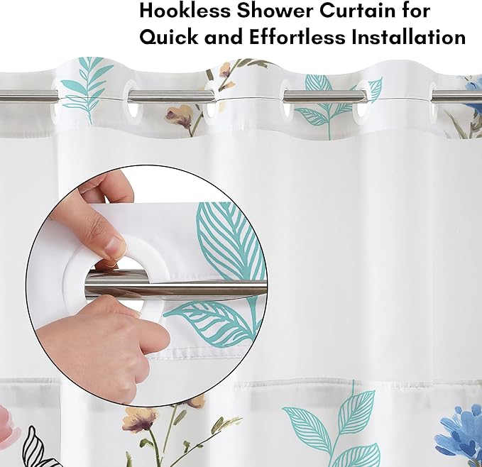 Americanflat 72x75 Hookless Shower Curtain - Water-Resistant Floral Shower Curtain with Sheer Panel, Snap-in Liner, and Grommets - 100% Polyester - Botanical Bathroom Curtains - Pink, Blue and White