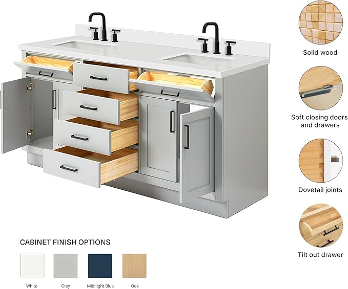 ARIEL Hepburn 72-inch Bathroom Vanity with Sink,Solid Wood, 1.5-inch Pure White Quartz Countertop & Backsplash, Double Rectangular Porcelain Sink, 4 Soft Closing Doors, 6 Dovetail Drawers, Grey