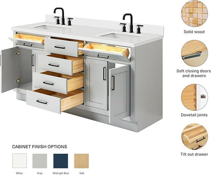 ARIEL Hepburn 72-inch Bathroom Vanity with Sink,Solid Wood, 1.5-inch Pure White Quartz Countertop & Backsplash, Double Rectangular Porcelain Sink, 4 Soft Closing Doors, 6 Dovetail Drawers, Grey