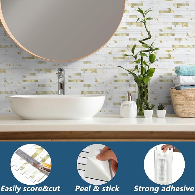 Yipscazo 40 Sheets Peel and Stick Stone Metal Backsplash, PVC Wall Tiles Stick on Tiles for Backsplash Kitchen, Bathroom, Fireplace (6'' X 12'', Calar Golden)